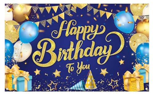 Geburtstagsbanner Dekoration, Blau und Gold Alles Gute zum Geburtstag Hintergrund Poster, Geburtstag Banner Deko Geburtstagsdeko Foto Hintergrund Poster, Geburtstags Party Dekoration, 110 * 185cm