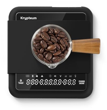 KRYPTEUM Wiederaufladbare Mini-Kaffeewaage mit Timer, 0,1 g Präzisions-Digitale Kaffeewaage zum Übergießen und Espresso, tragbare digitale Küchenwaage mit automatischem Timing (Schwarz)