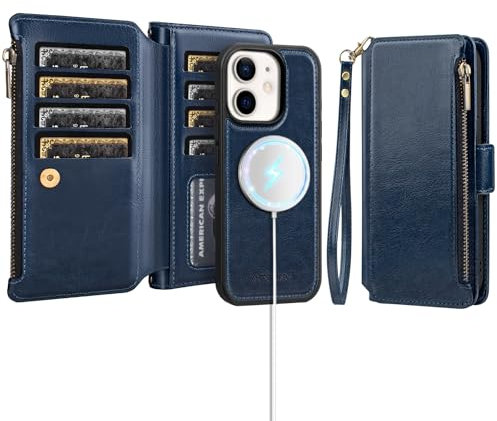 Antsturdy Compatible with Magsafe Magnetic 2 in 1 Detachable iPhone 11 Wallet Case with Credit Card Holder Slots,PU Leather Flip RFID Blocking Phone Cover Wrist Strap Zipper Women Men,Dark Blue