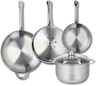 ELO 9884950 Kochgeschirr-Set, 4-teilig, 3 Bratpfannen 24, 28 und 32 cm und 1 Kochtopf 24 cm Elo Profi, glänzend, Edelstahl, Induktion