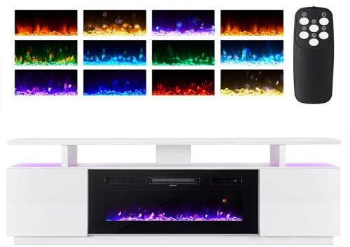 Soporte de TV de Chimenea eléctrica de 180 cm Consola Multimedia con Almacenamiento e Inserto de Chimenea de 92 cm, Control Remoto 12 LED Backlight 12 Colores de Llama Temp 900W 1800W White
