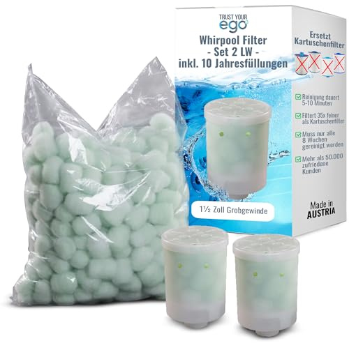 EGO3 Whirlpool Filter Set 2 LW 1½ Zoll Grobgewinde + 10 Jahresfüllungen – ersetzt Kartuschenfilter & Whirlpool Filterkartuschen – 300gr Filterbälle – Filter Made in EU (2 Behälter + 300g Filterbälle)