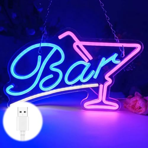 Bar Neon Schild, Cocktails LED Leuchtreklame, USB Bar Leuchtschild Leuchtreklame für Wand, Cocktail Bar Neon Schild, Rosa Blau Neonschild für Bar Restaurant Club Nachtclub Store Party Sign Deko