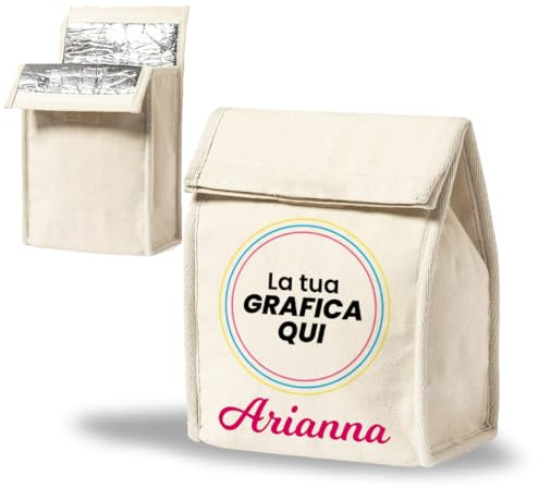 Portamerenda mini borsa frigo scuola personalizzato con nome termoisolante. In cotone naturale lavabile, contenitore per alimenti Caldo/freddo. Portapranzo bambino bambina (SACCA TERMICA)