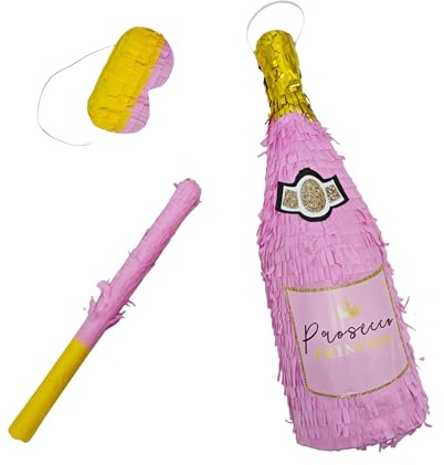 Relaxdays Pinata Sektflasche, Pinata zum Aufhängen, Geburtstag, rosa/Gold | Partypinata zum Befüllen, mit Stock & Maske