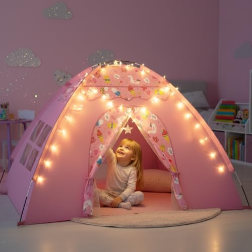 AFUNX Kids Play Tent, Extra Large Unicorn Playhouse for Girls with Star String Lights, 70x45x43 Pink Tent with Ice Cream & Fruit Prints, Foldable Indoor Play Tent, Tunnel-Ready, Easy Setup