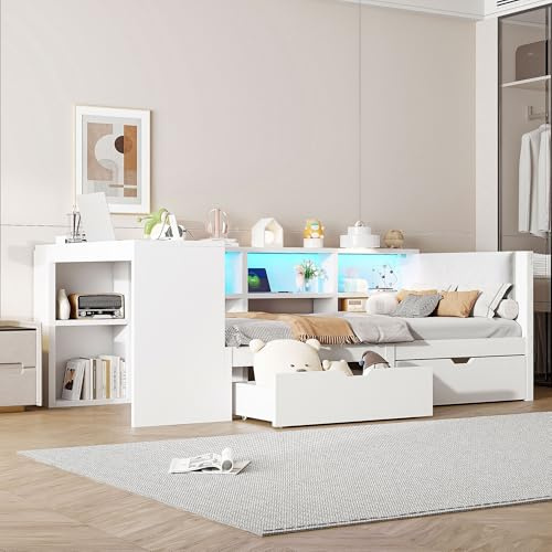 Gxffipw Tagesbett Kinderbett 90x200 cm mit LED Licht und Schreibtisch, Schlafsofa Jugendbett Bett mit Stauraum und Schubladen, Einzelbett Holzbett Bettgestell mit Lattenrost, Weiß, Ohne Matratze ﻿