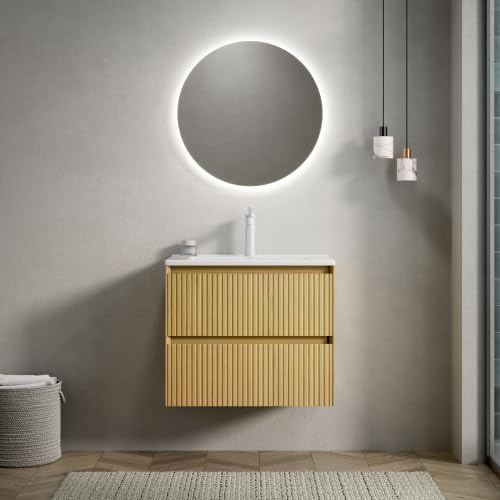DHWDS Waschtisch Unterbau 61cm, Wandmontage mit Integriertem Resinbecken & LED Beleuchtung, Soft-Close Schublade, Kompakt für Kleines Bad, Vormontiert, Natur Holzoptik