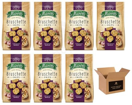 Maretti Oven Baked Bruschette Chips – Tomato & Olive, Sour Cream & Onion, Pizza & Vegetable – Crispy Italian Bread, Not Fried | Crunchy Snack (Case of 7, ROASTED GARLIC)