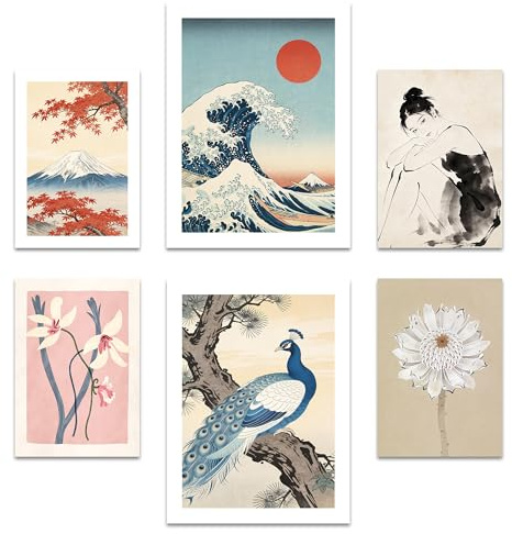 ARTFAVES® Poster Set - Art Gallery Japan - Gallery Wall Bilderwand Wohnzimmer, Schlafzimmer - 6 moderne Wandbilder Abstrakt, Kunst, Hokusai, Mount Fuji - ohne Bilderrahmen