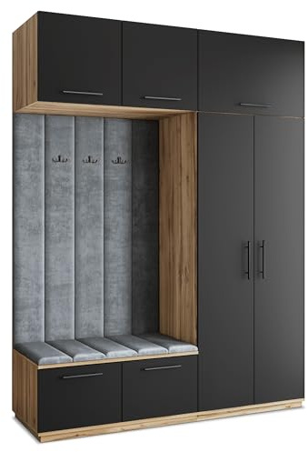 Masseno Flugarderoben Set Rema, Kleiderschrank-Set mit Sitzbank, Garderobenschrank Flur mit 5 Regalböden, Eiche Wotan/Schwarz