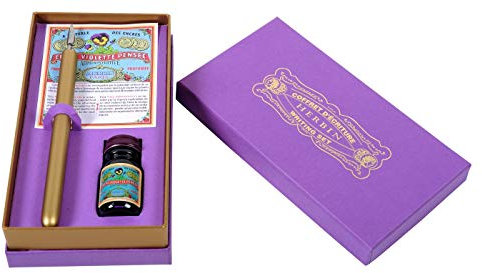 Jacques Herbin 27277T - Coffret d'écriture contenant un porte-plume doré, une plume l'Ecolière et un flacon d'encre 10 ml Violette pensée