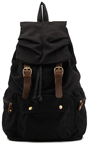 DRF Rucksack aus Canvas im Vintage Stil mit Leder Zubehör #BG-04 (Schwarz)