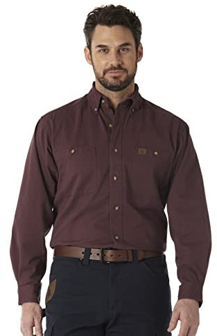 Wrangler Men's Logger Twill Long Sleeve Workshirt SHIRT, Burgundy, XXL Tall