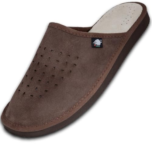 FOOTHUGS Men's Slippers Memory Foam Plantar Fasciitis Orthotic Leather Mens Mule Slippers | Arch Support Slippers For Men | Regular Fit (10UK/44EU, Dark Brown)