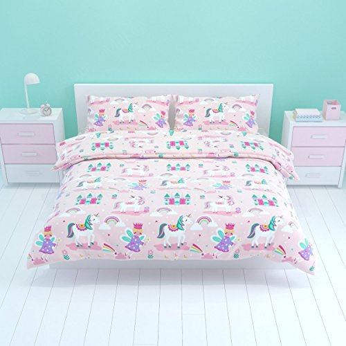 Bloomsbury Mill - Bettwäsche 200 x 200 cm Einhorn, Prinzessin und Regenbögen für Kinder – Doppelbett Bettwäscheset für Mädchen – Rosa & Lila Wendebettwäsche und 2 Kissenbezug Set