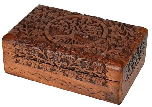 Handcarved Wooden Decorative Treasure Chest Box 10 x 6 Inch Brown Tree Of Life Pattern - Multipurpose Use as Sister gifts for Jewelry Storage, Watch Box, Gifts for women