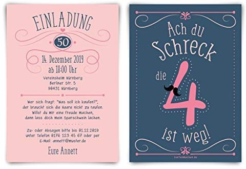 Kartenmachen.de Individuelle 50. Geburtstag Einladungskarten DIN A6 (148x105mm) - Ach du Schreck, die 4 ist weg - ab 10 Stück Sets