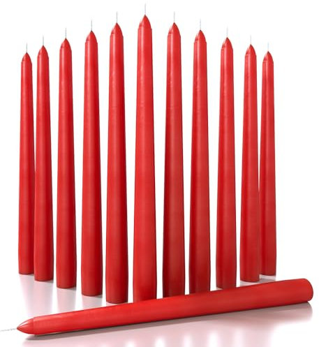 CANDWAX 30 cm Taper Candles Set of 12 - Dripless and Smokeless Candle Unscented - Slow Burning Candle Sticks Ideal as Dinner Candles – Red Candles