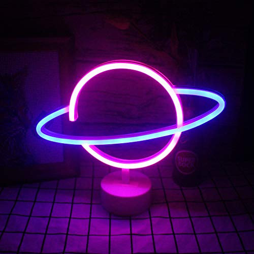 Planet Neonlicht und Sockel LED Neonlicht Tischlampe hellblau rosa Planet Nachtlicht USB/Batterie Dekoration Zeichen außer Tisch Kinderzimmer Geburtstagsfeier Hochzeit Lieferungen (9,4 ×11,8 '')