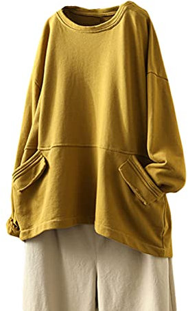FTCayanz Damen Sweatshirt Pullover Langarm Oberteile Oversize Langarmshirt Tunika Tops mit Taschen Gelb XL