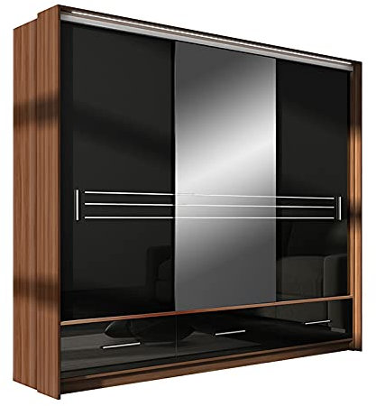Furniture24 Kleiderschrank Amsterdam 250 Schlafzimmer 3 Türiger mit Spiegel und Led Licht Schwebetürenschrank 3 Schubkästen Schrank 2 Kleiderstangen 5 Einlegeboden Pflaume/Schwarz Hochglanz