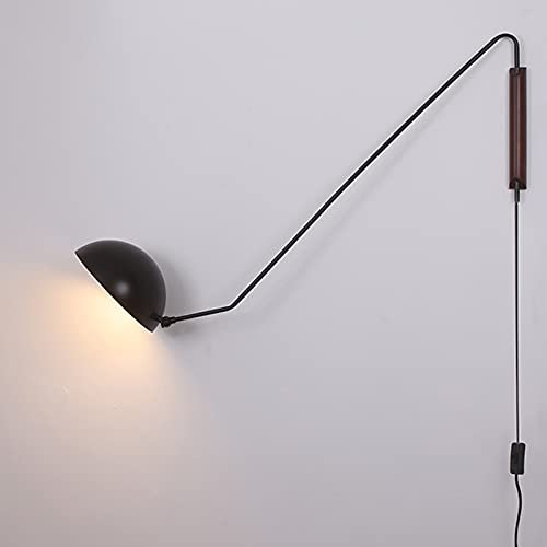 Langer Arm Verstellbar Wandlampe Retro Industrie mit Stecker Vintage Schwarzes Metall Innen Wandleuchte Mit Schalter und Netzkabel Schwenkbar Flexible Nachttischlampe Holz für Schlafzimmer Studie E27