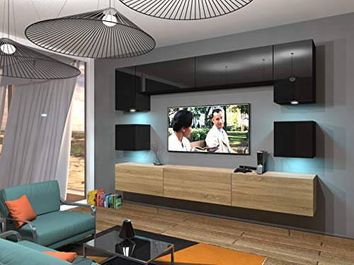 Furnitech Wohnwand Wohnzimmer - Wohnzimmer Möbel mit LED Blau - Hängend Wohnwand Modern Schrankwand mit Regale und TV Schrank (Nowara AN1-17BS-HGM31 1A)