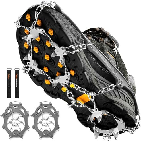 Grödel steigeisen für Bergschuhe mit 19 Zähne Verdickte Schuhkrallen aus Edelstahl Anti-Rutsch Schuhspikes für Mann Frau Erwachsene Fit für Wandern Trail Running Trekking Winter Outdoor(Grau, Groß)