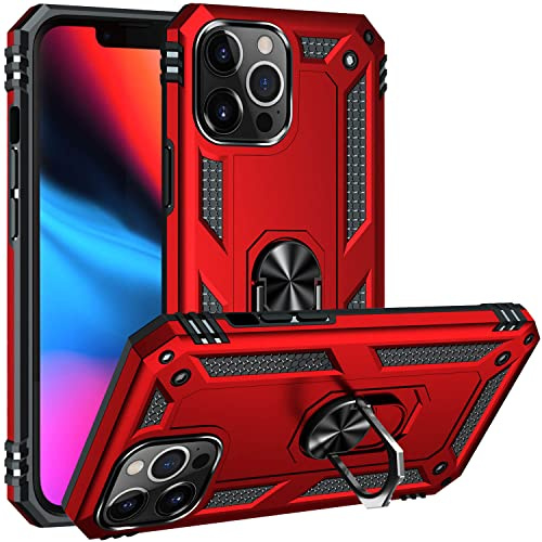Fetrim Hülle Kompatibel für iPhone 13 PRO Max, stoßfest Schutzhülle mit Drehring Ständer für Apple iPhone 13 PRO Max Rot
