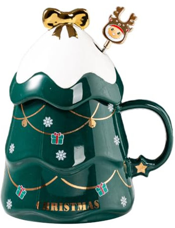 Christmas Coffee Mug with Lid, 500ml Large Capacity Christmas Cup Ceramic Tea Milk Cup Coffee Mug with Lid Spoon for Home Office and Camping,Green