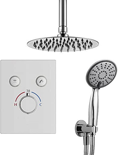 Grifo termostático ducha para empotrar 2 VIAS PUL salida techo. Incluye soporte con toma agua, flexo acero inox., brazo ducha y rociador extraplano. Ducha empotrable con acabado redondeada