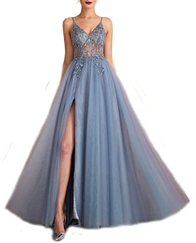 yhfshop Damen Sexy Party-Abendkleid mit geteiltem V-Ausschnitt und Perlen,Gray Blue,US2, Abendkleider Lang Ballkleider