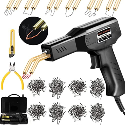 Plastic Welding Machine Car Bumper Repair Kit,Hot Stapler Plastic Repair Welder Soldering Kit,6Types 1050 Staples,Hot Staple Gun Plastic Welder&Flat/Outside Corner/Inside Corner/Wave Staples