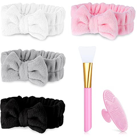 KroY PecoeD Bandeaux de Maquillage, 4 Pièces Bowknot Bandeaux de Lavage Femme Spa Bandeau Microfibre Bandeau Douche, avec Pinceaux Masques Visage & Brosse Nettoyante Visage Silicone
