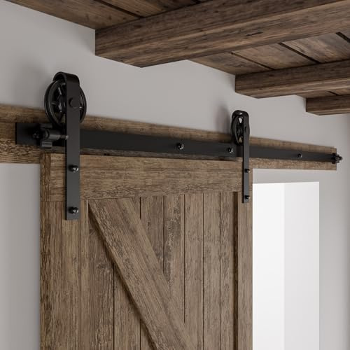 Schiebetürbeschlag 396cm Schiebetüren Schiebetürsystem Komplettset Laufschiene Rollen Set Schwarz für 1 Holztür 198cm Breit, Mittlere Rolle in J-Form