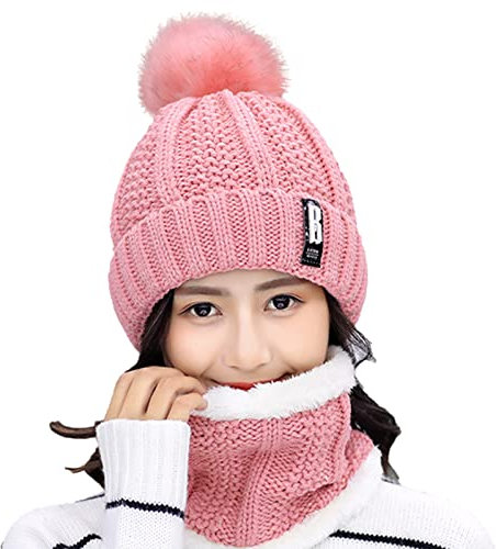 Mütze Schal Set für Damen mit Kunstfellbommel Großer Loop Schal Gefütterte Wintermütze Gestrickte Strickmütze & Loop Großer Kunstfell Beanie und Loopschal 2-in-1