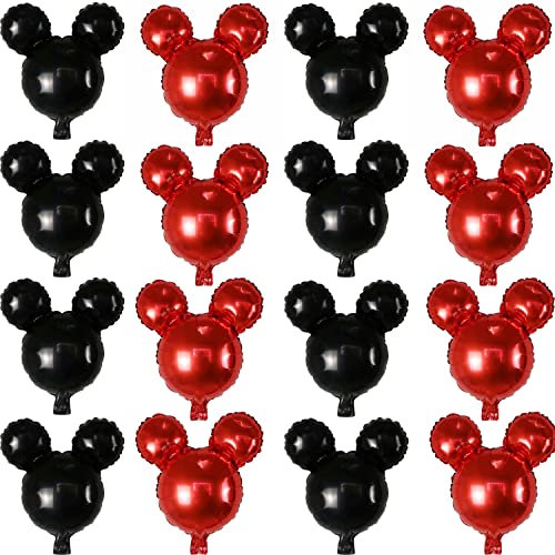 16 globos de cumpleaños de ratón, globos de aluminio de cabeza de ratón negro y rojo, globos de aluminio negro y rojo, globos de Mylar de ratón para primer cumpleaños, baby shower, revelación género