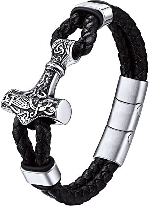 Bestyle Lederarmbänder Herren Wikinger Thors Hammer Armband Männer Mjölnir Armkette geflochten Echtleder Wickel Edelstahl Nordischer Arm-Schmuck 23cm