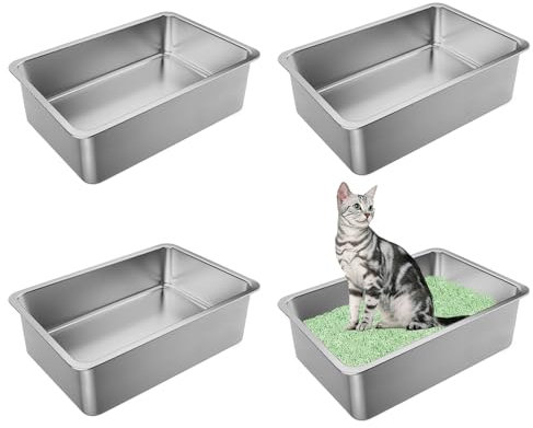 hannger Edelstahl Katzenklo, 4 Stück Katzenklo Groß, XXL Katzentoilette aus Edelstahl, Niemals Gerüche, Antihaft Glatte Oberfläche, Leicht zu Reinigen (50 x 35 x 15cm)