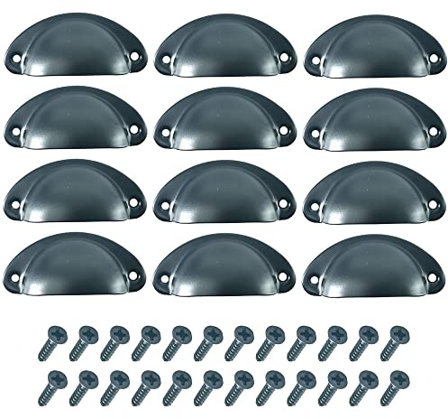 CEEYSEE 12Pcs Cup Handles for Drawers 81 X 35mm Shell Pull Handles Vintage Antique Drawer Semicircle Handle Furniture Door Knobs Handles with Screws (KLSH/Black)