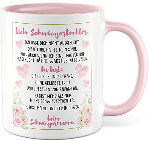 Schwiegertochter Tasse Geschenk Hochzeit Kaffeetasse Geschenkidee Schwiegereltern Kaffee-Becher mit Spruch Ehe Tochter im Herzen (Weiß/Rosa)