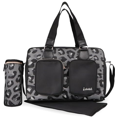 My Babiie Changing Bag Tote - With Insulated Bottle Holder, Portable Changing Mat, Baby Travel Bag, Nappy Messenger Bag, 2 Front Pockets - Black Leopard