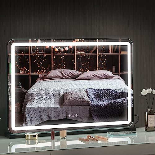 Puselo Hollywood Spiegel mit Beleuchtung Make up Schminkspiegel mit dimmbarer Glühbirne Kosmetikspiegel Touchschalter & USB Ausgang (Schwarz, 80x55cm)