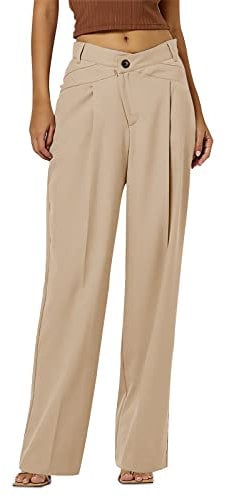 Feziakuk Damen Palazzo Hose Einfarbig Weite Beine Hosen Casual Stoffhose Mode Knopf Anzughose Freizeithose, Khaki M