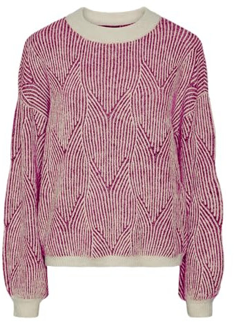 PIECES Women's Pcjenna LS O-Neck Knit Noos Bc Jumper, Whitecap Grey/Detail:Festival Fuchsia, M