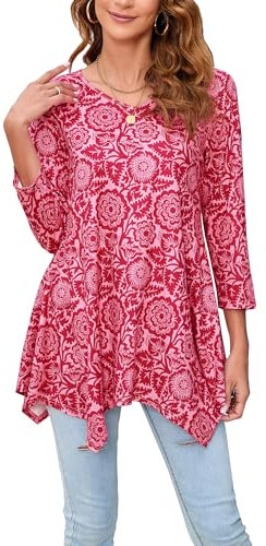 Enmain Tunique Femme Longue Grande Taille Col V Chemisier à Manches 3/4 Chic et élégant Tuniques à Motifs Haut Ample pour Femmes,Rose,XL…
