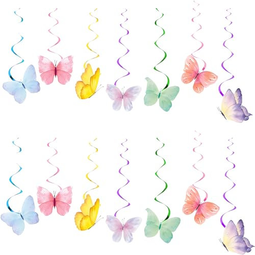 28 Stück Schmetterling Geburtstag Deko, Bunte Hängende Wirbel Dekorationen Spiral Girlande Schmetterlinge Deckenhänger Geburtstag Luftschlangen Frühling Sommer Party Hängen