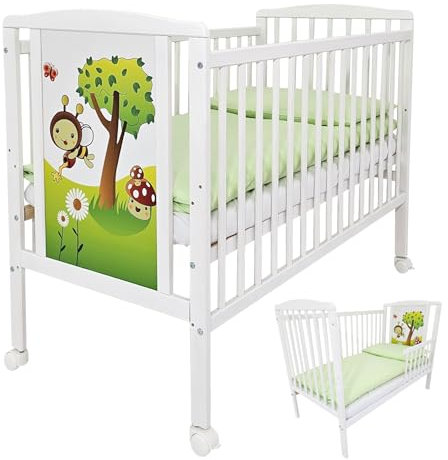 Bello24 - Babybett Kinderbett & Kindercouch in einem inkl. Bettwäsche Matratze Umbaukit & Rollen aus Massivholz höhenverstellbar mit herausnehmbaren Latten 60x120cm