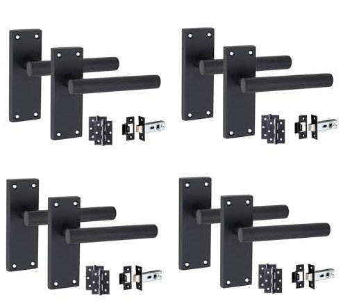 Golden Grace 4 Set of Victorian Straight T-Bar Handle Latch Door Handles Matt Black with 1 Pair of 3 Ball Bearing Hinges & Latches Pack Sets 120mm x 40mm Backplate